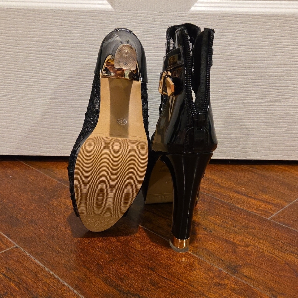 Black Lace Peep-Toe High Heel Booties with Gold Buckle - Picture 7 of 9